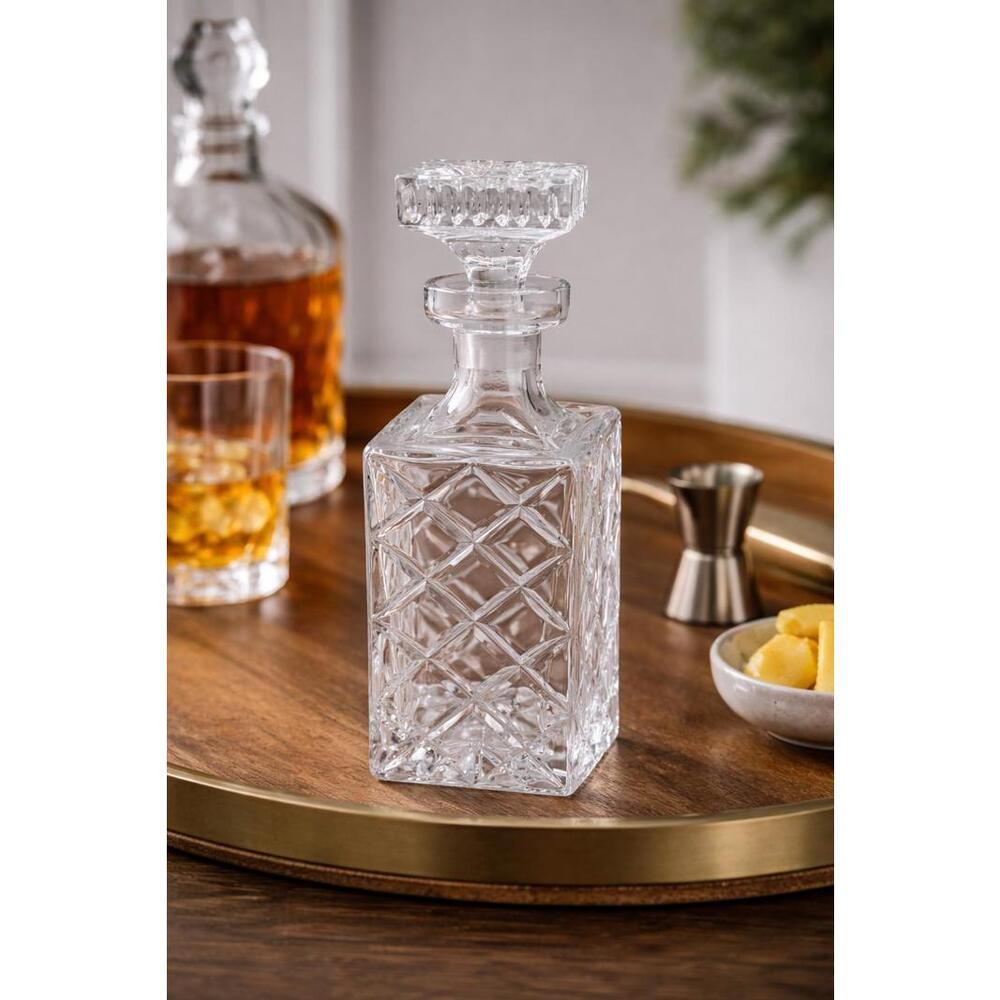 Vintage MCM Cut Crystal Square Decanter w/Stopper Diamond Pattern 9"